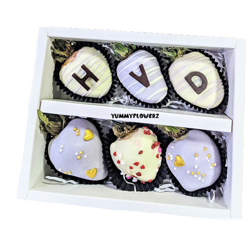 6pcs Happy V Day Purple White Chocolate Strawberries Gift Box